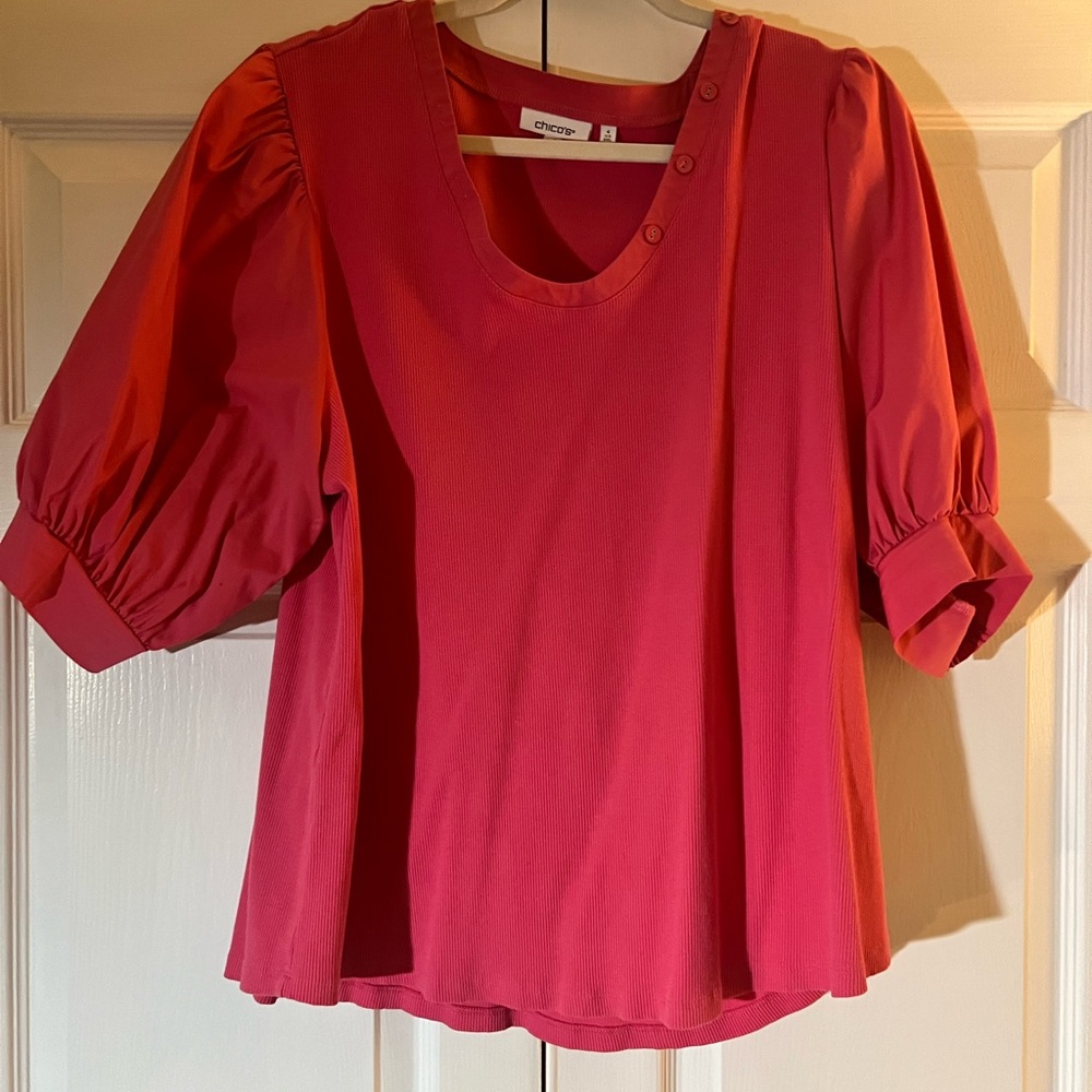Chico's Pink Puff Sleeve v neck Blouse